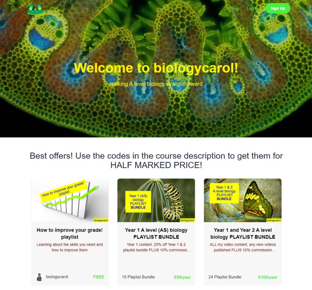 Biology Carol's website, offering A-Level and AS-Level tutoring videos